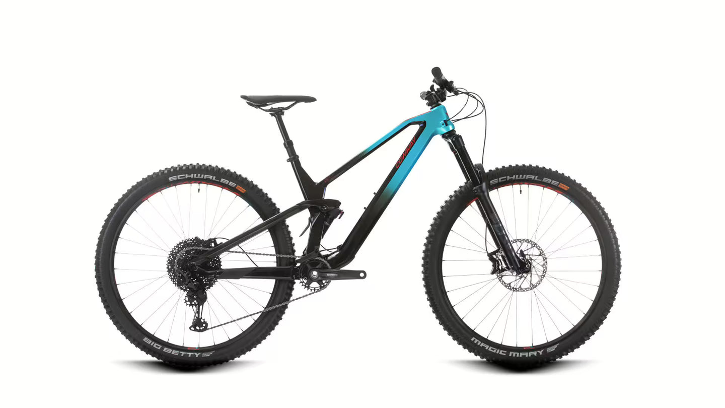 Conway WME 5.9 Carbon Full Suspension 29" | 2024 Model | Shimano XT Mix 12-Speed | turquoise fade / red