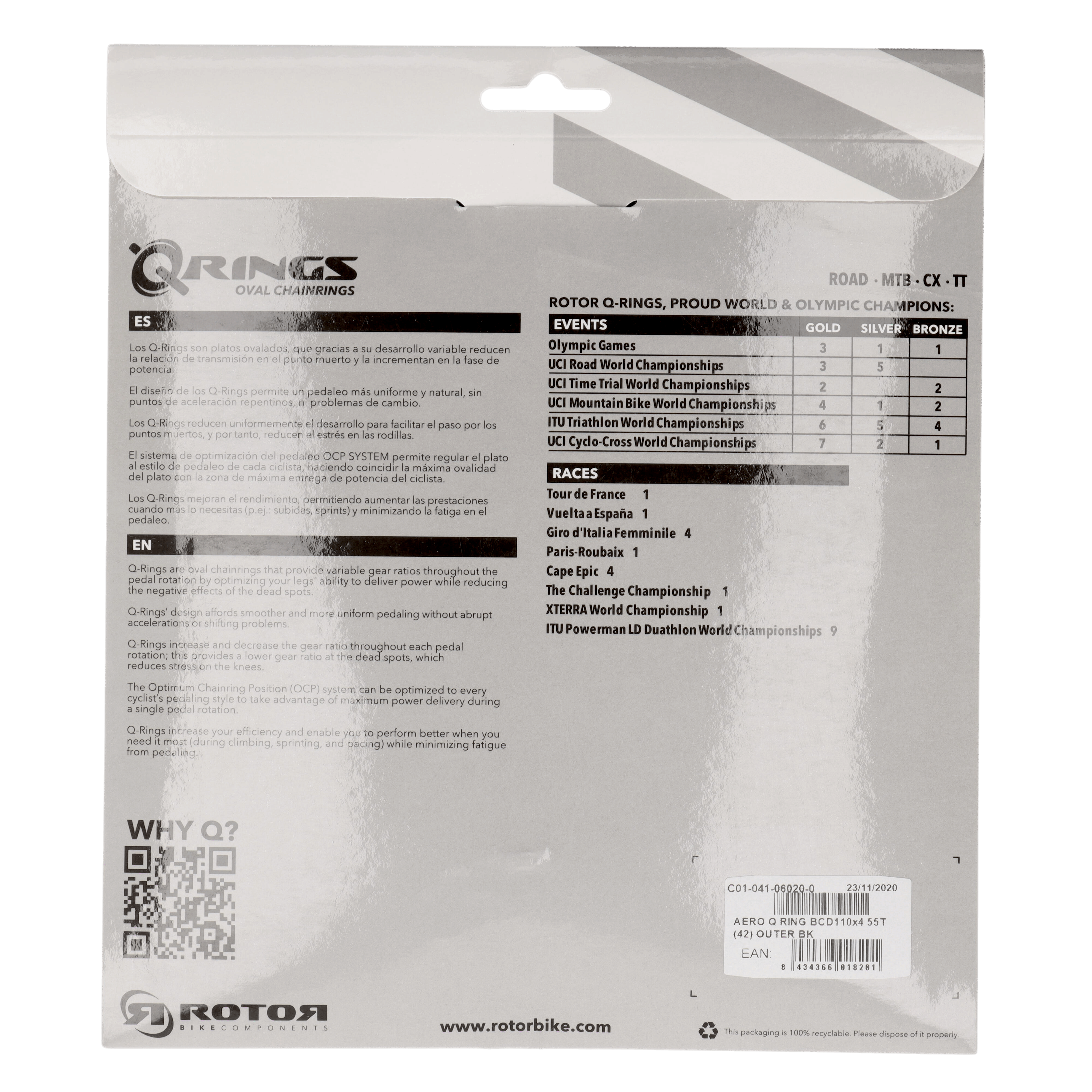 ROTOR Aero Q-Rings Kettenblatt 55T | BCD 110x4 | Außenblatt für 42/44T Innenblatt | oval - RAAAD.com
