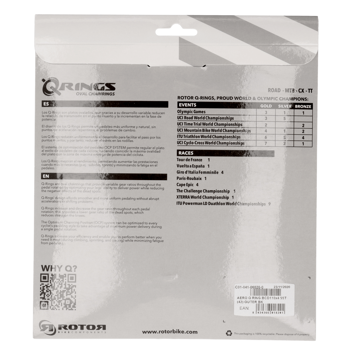 ROTOR Aero Q-Rings Kettenblatt 55T | BCD 110x4 | Außenblatt für 42/44T Innenblatt | oval - RAAAD.com