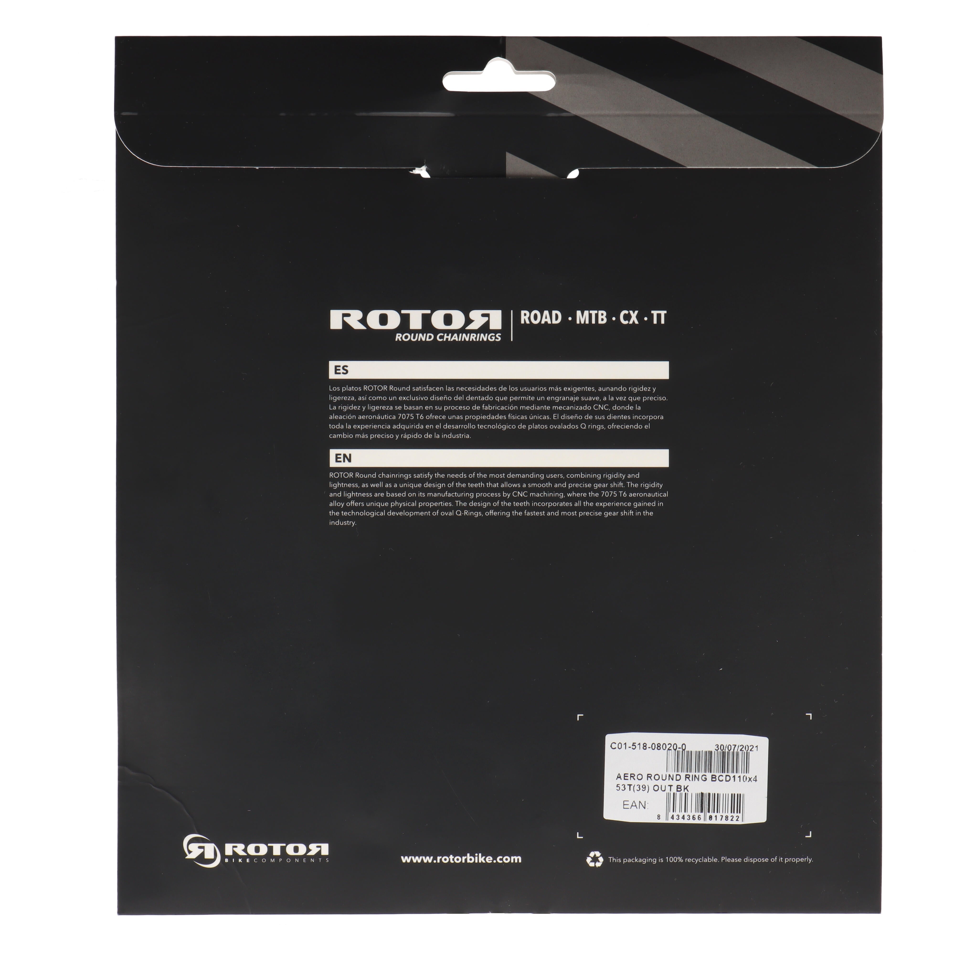 ROTOR Aero Round Ring Kettenblatt 53T | BCD 110x4 | Außenblatt für 39T Innenblatt | rund - RAAAD.com