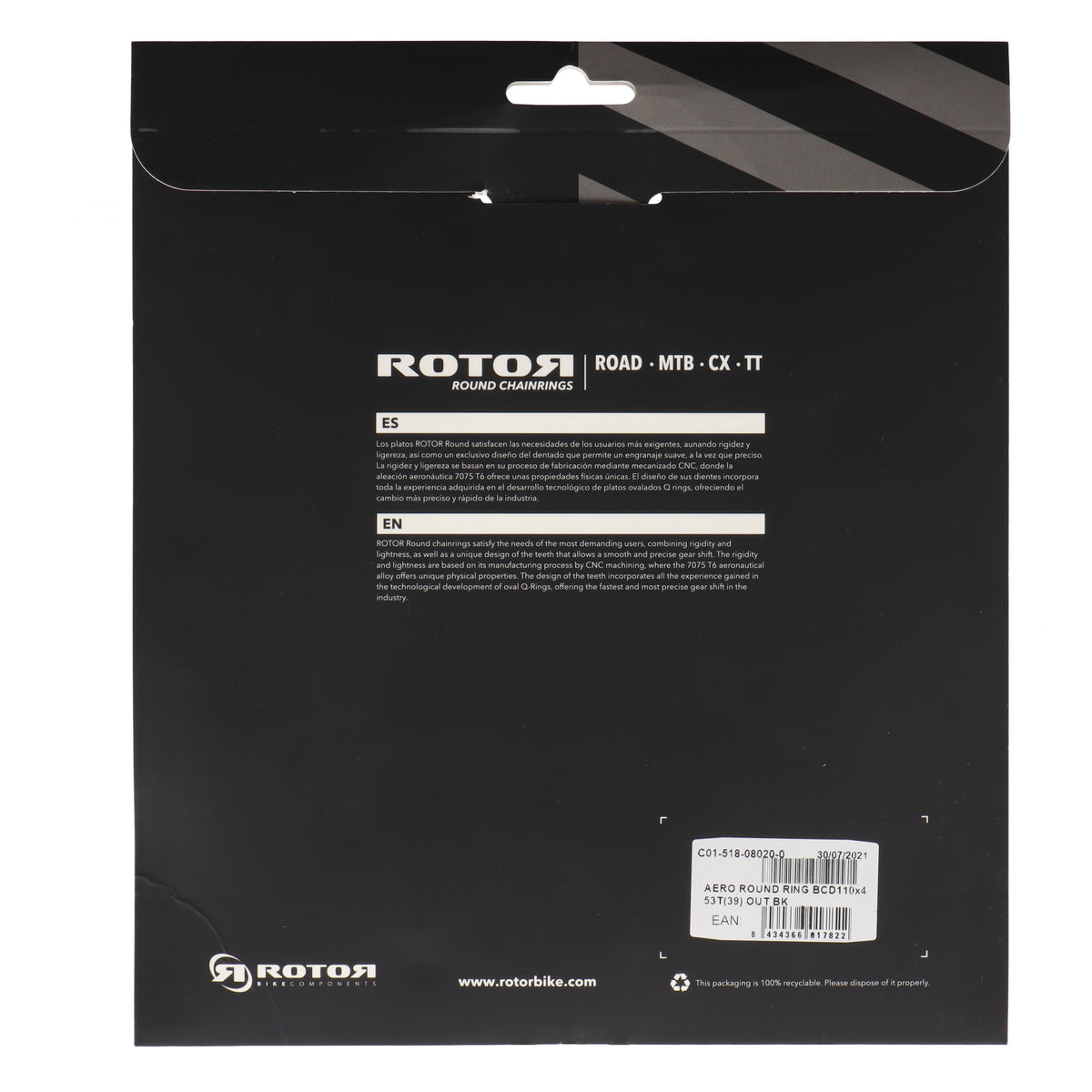 ROTOR Aero Round Ring Kettenblatt 53T | BCD 110x4 | Außenblatt für 39T Innenblatt | rund - RAAAD.com