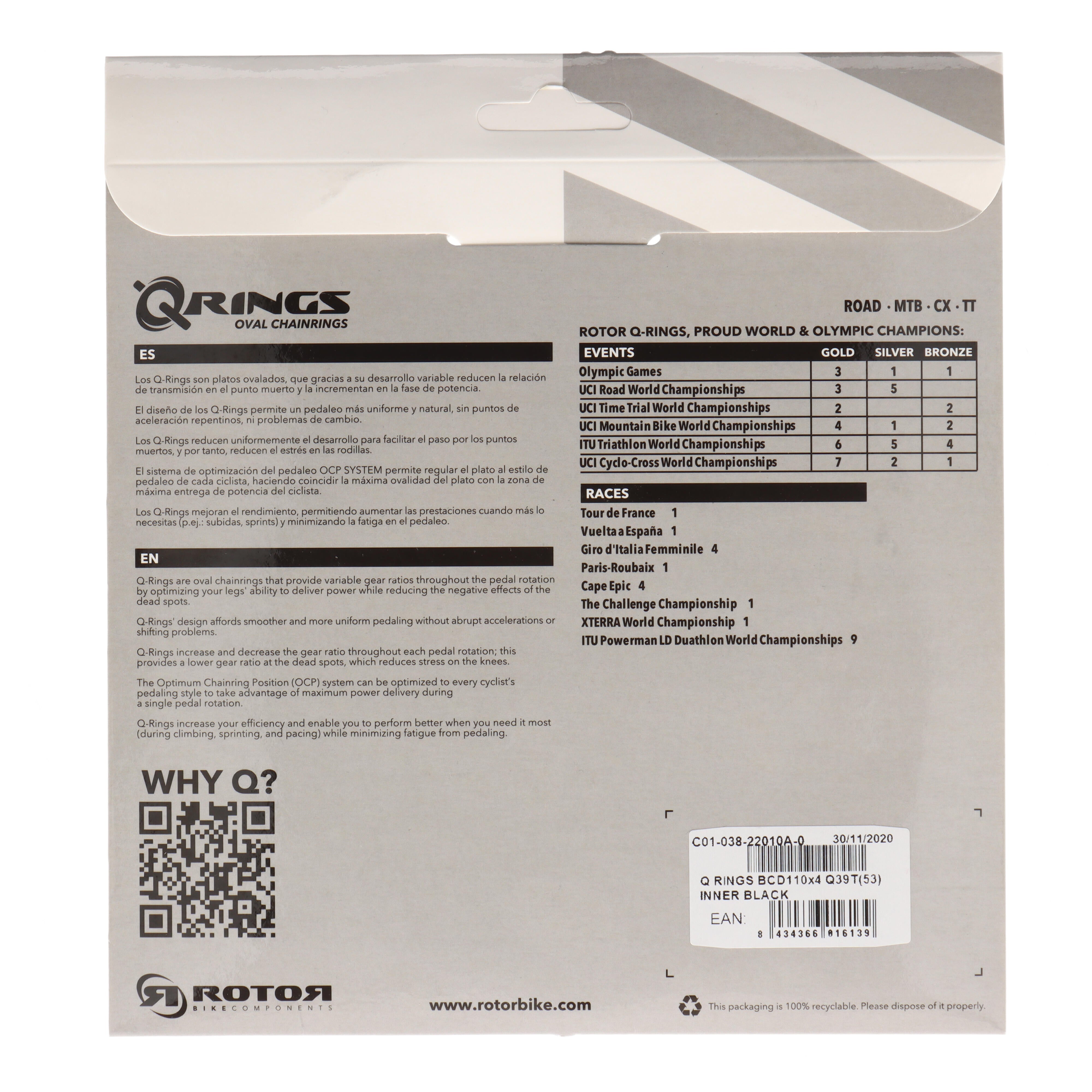 ROTOR Q-Rings Kettenblatt 39T | BCD 110x4 | Innenblatt für 53T Außenblatt | oval - RAAAD.com