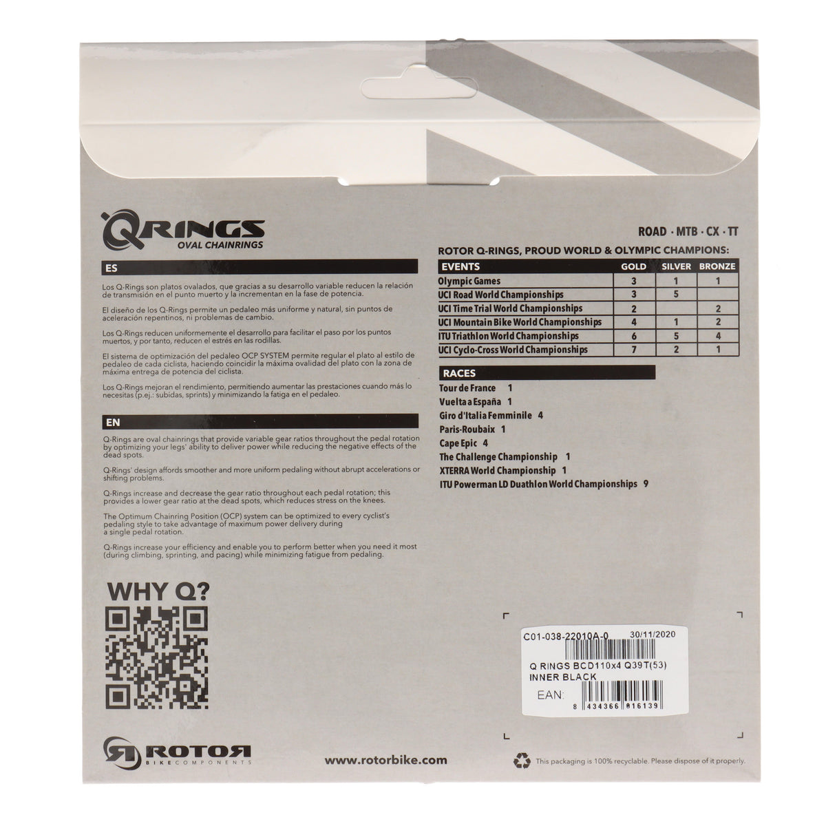 ROTOR Q-Rings Kettenblatt 39T | BCD 110x4 | Innenblatt für 53T Außenblatt | oval - RAAAD.com