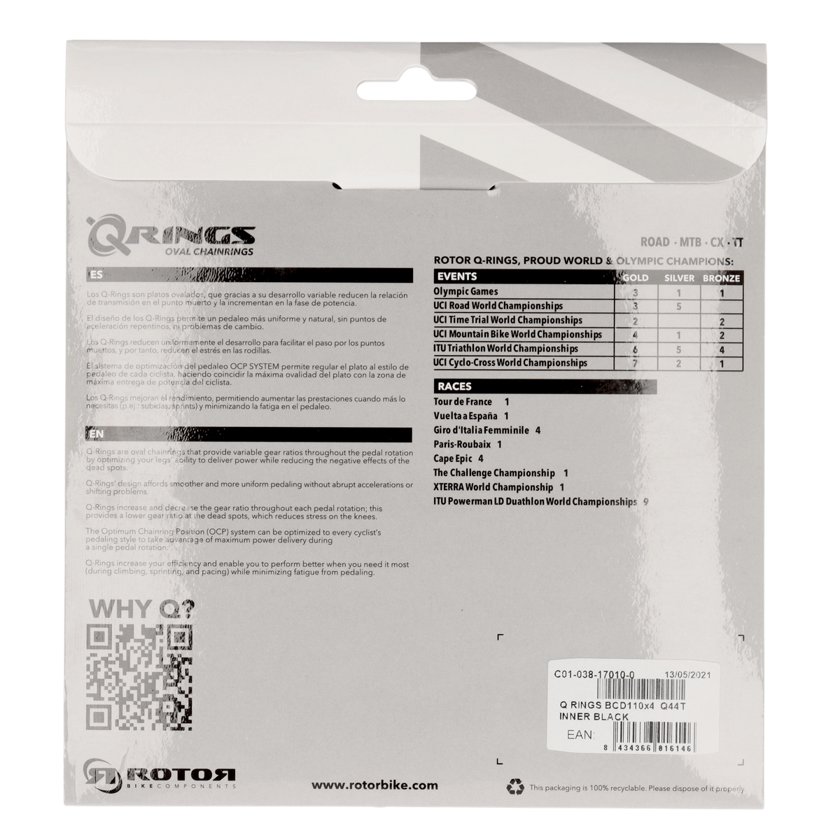 ROTOR Q-Rings Kettenblatt 44T | BCD 110x4 | Innenblatt | oval - RAAAD.com
