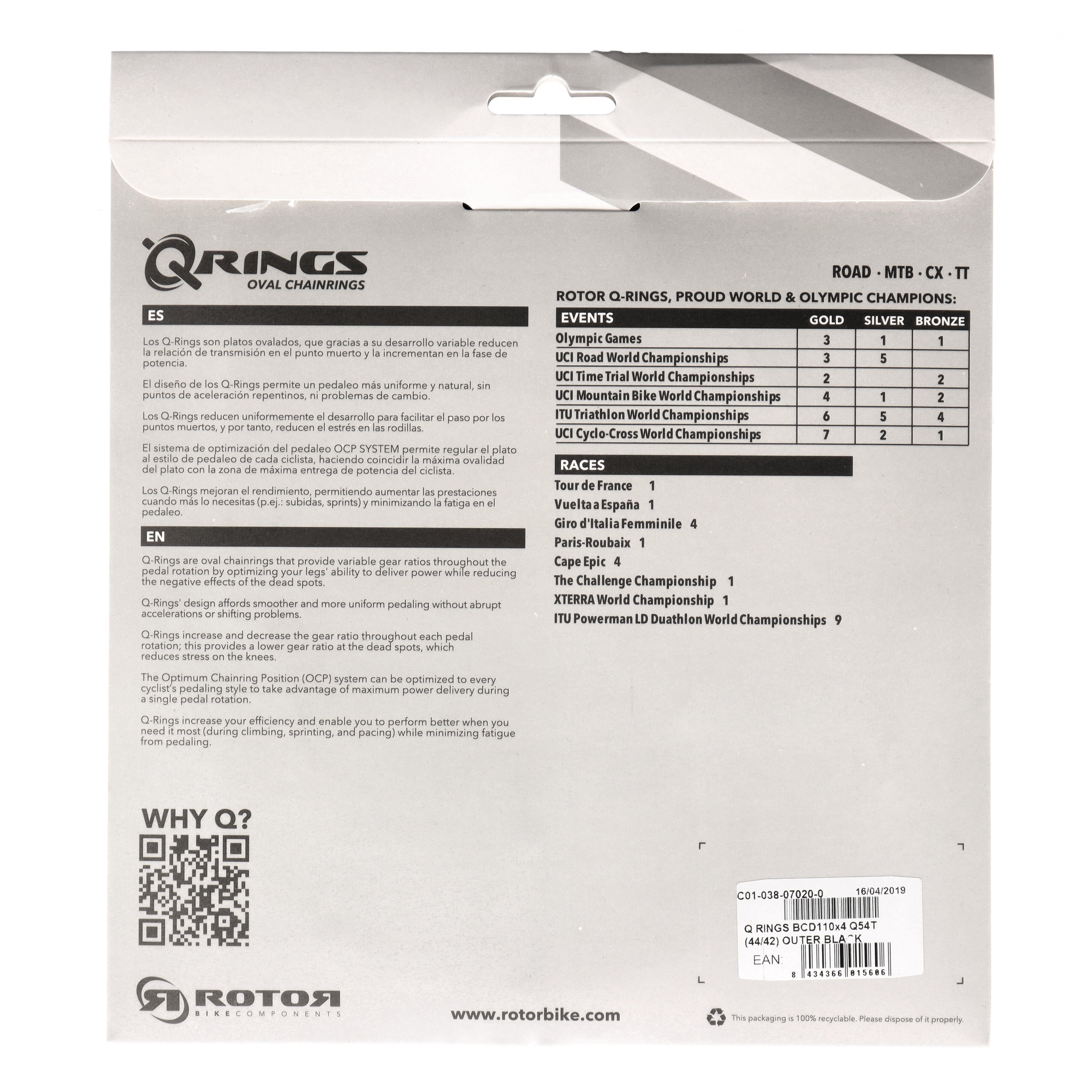 ROTOR Q-Rings Kettenblatt 54T | BCD 110x4 | Außenblatt für 42/44T Innenblatt | oval - RAAAD.com