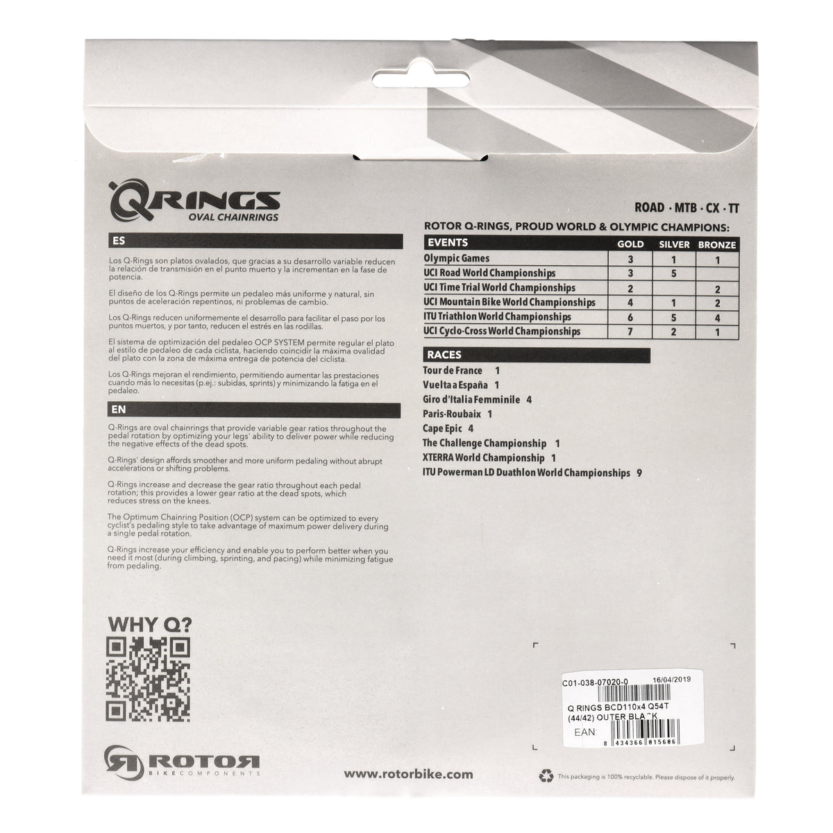ROTOR Q-Rings Kettenblatt 54T | BCD 110x4 | Außenblatt für 42/44T Innenblatt | oval - RAAAD.com