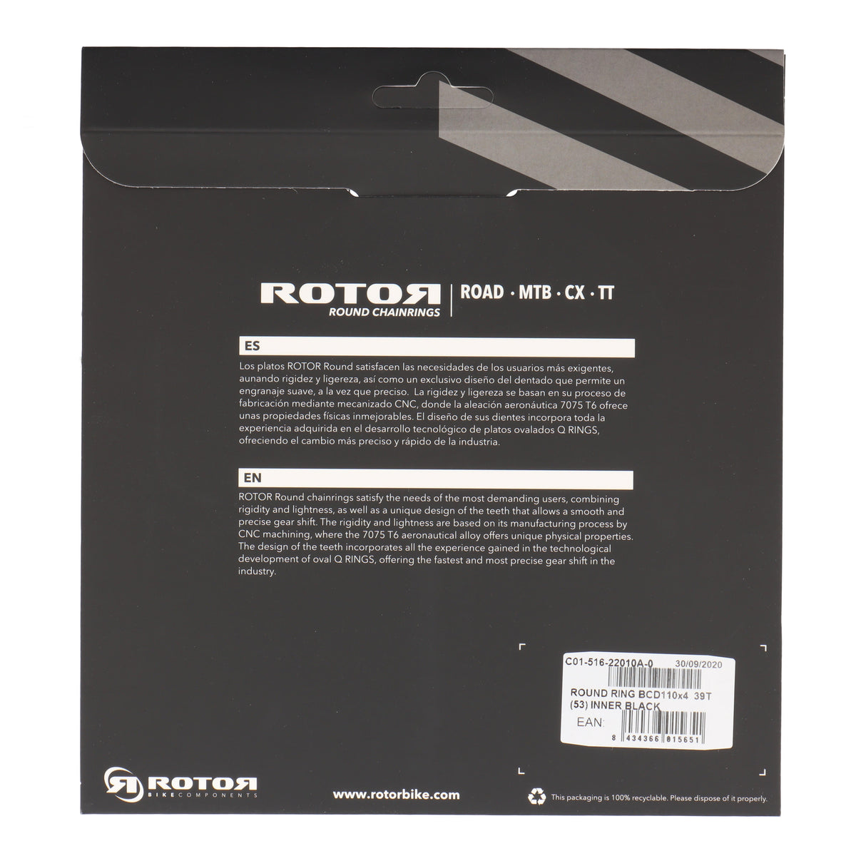 ROTOR Round Ring Kettenblatt 39T | BCD 110x4 | Innenblatt für 53T Außenblatt | rund - RAAAD.com